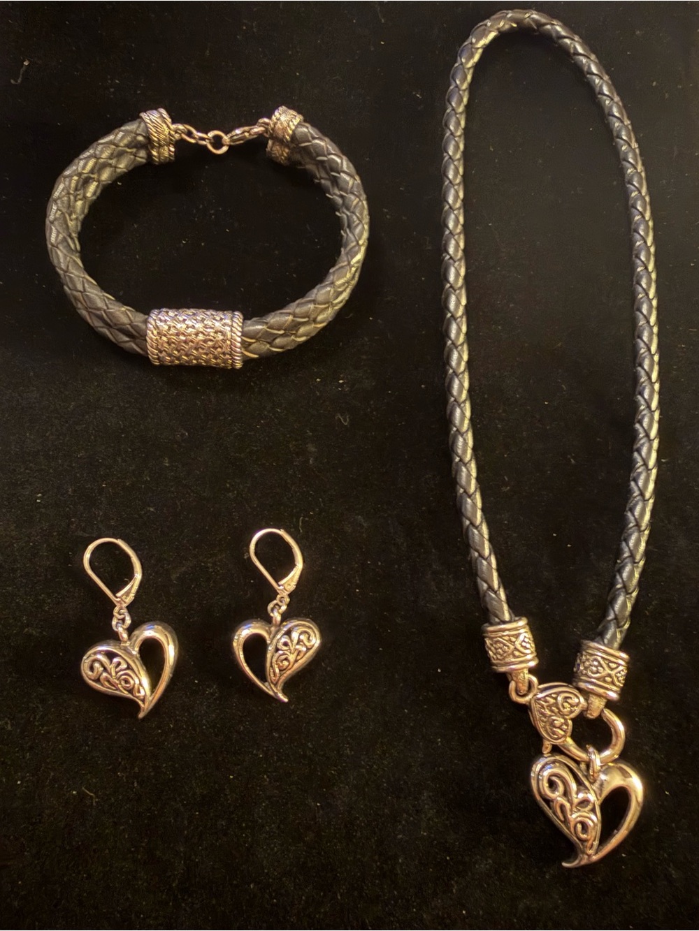 Black Braided Leather Necklace, Bracelet & Heart Earrings Set